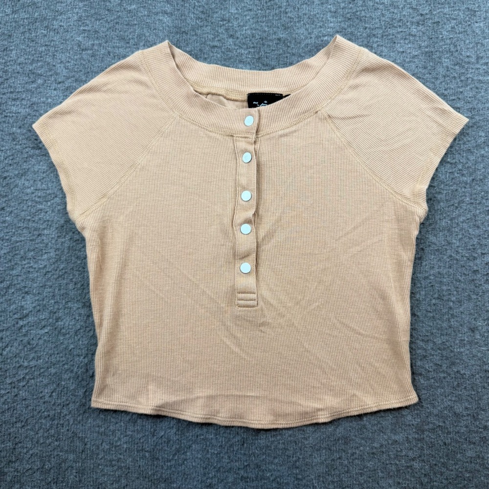 Out From Under Henley Crop Top Women's Size M Tan Ribbed Short Sleeve Raglan
